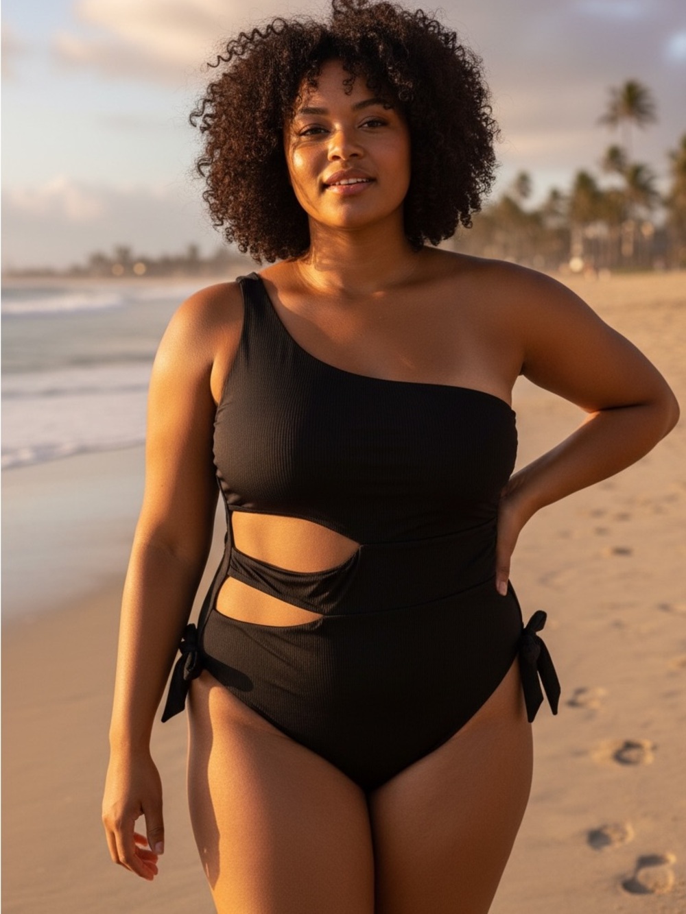Time And Tru Black One-Shoulder One-Piece Swimwear